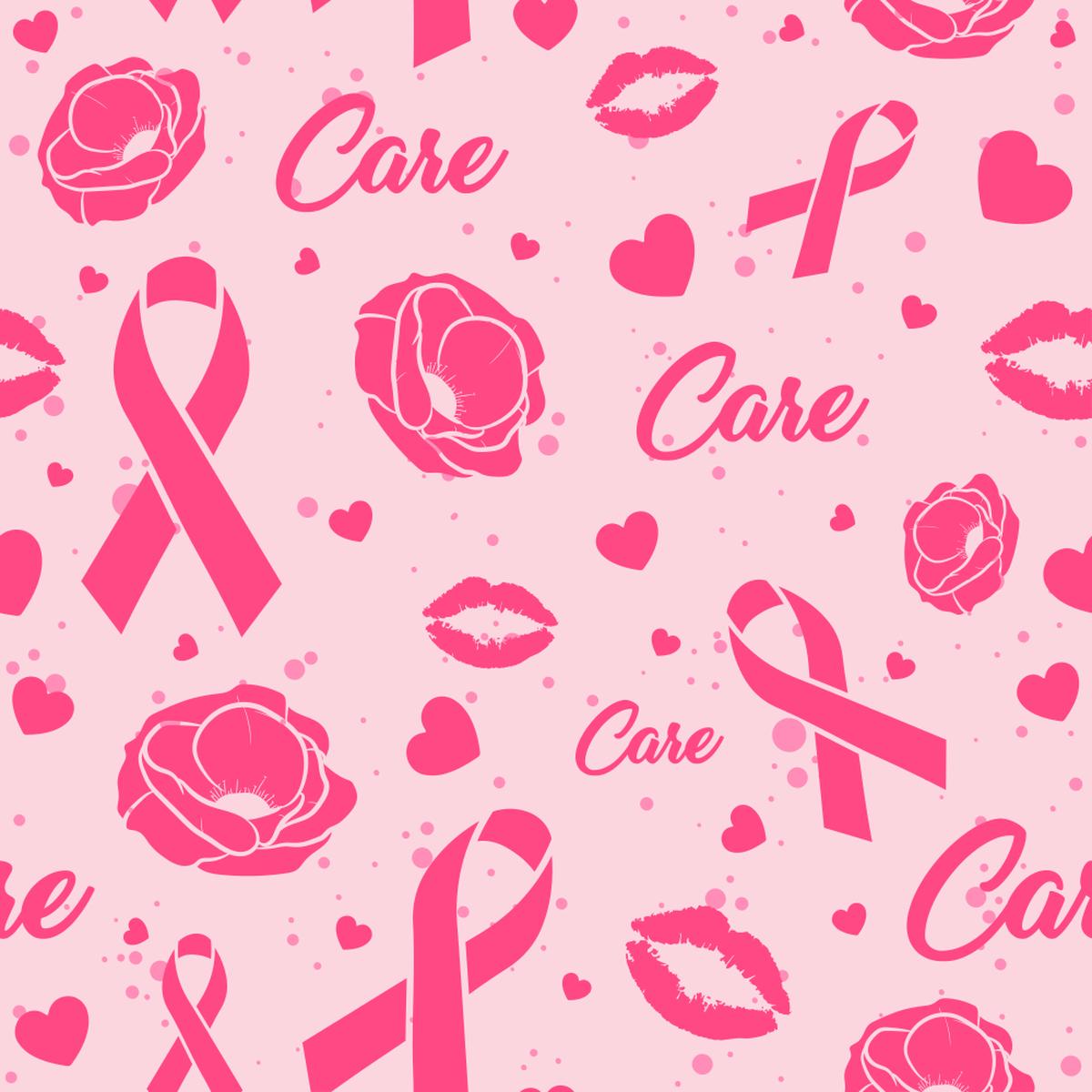 Breast Cancer Ribbons Kisses and Flowers Fabric - Pink