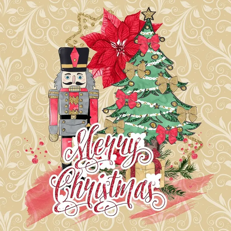 Elegant Nutcracker Merry Christmas Fabric Panel - Tan