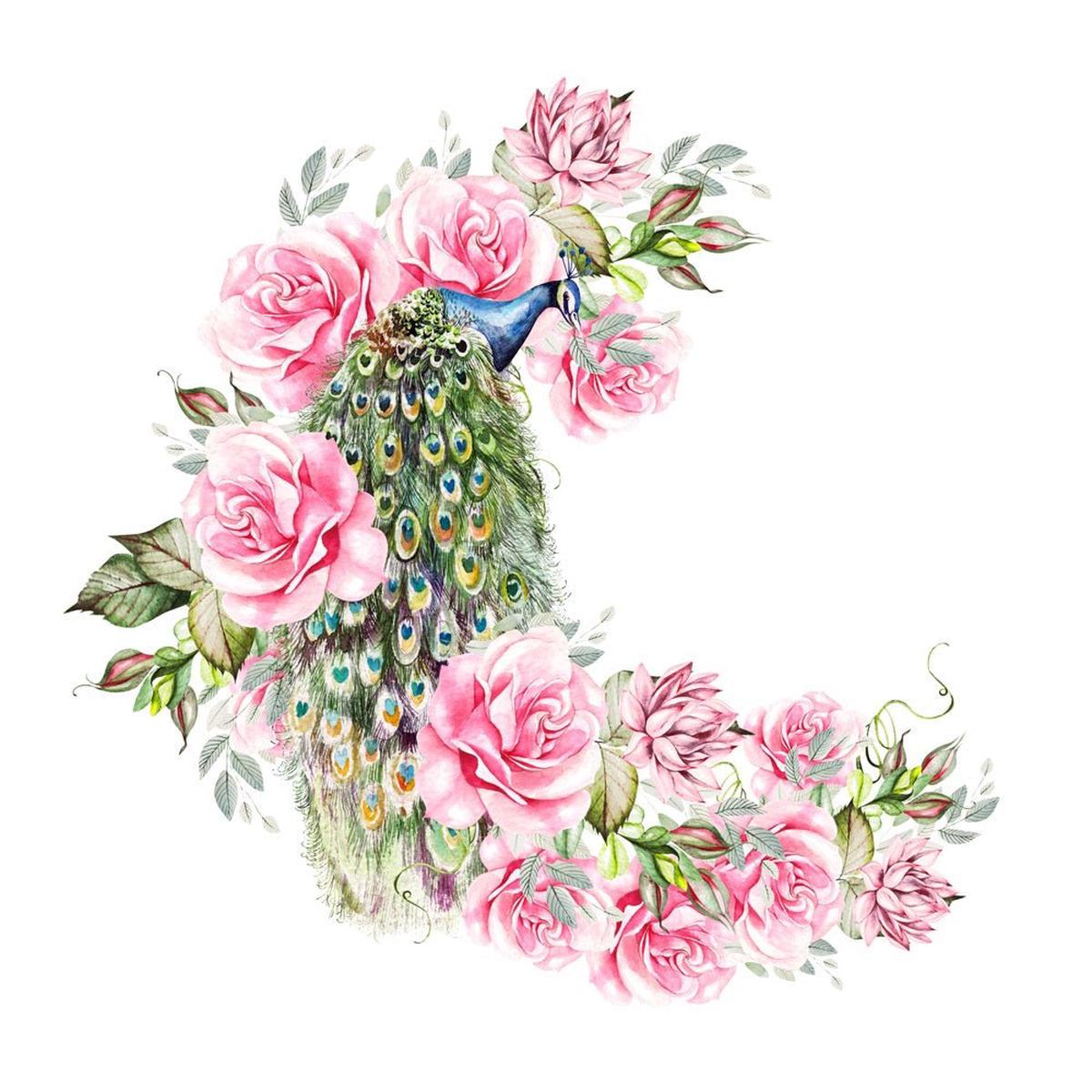 Peacock with Peonies and Roses Fabric Panel