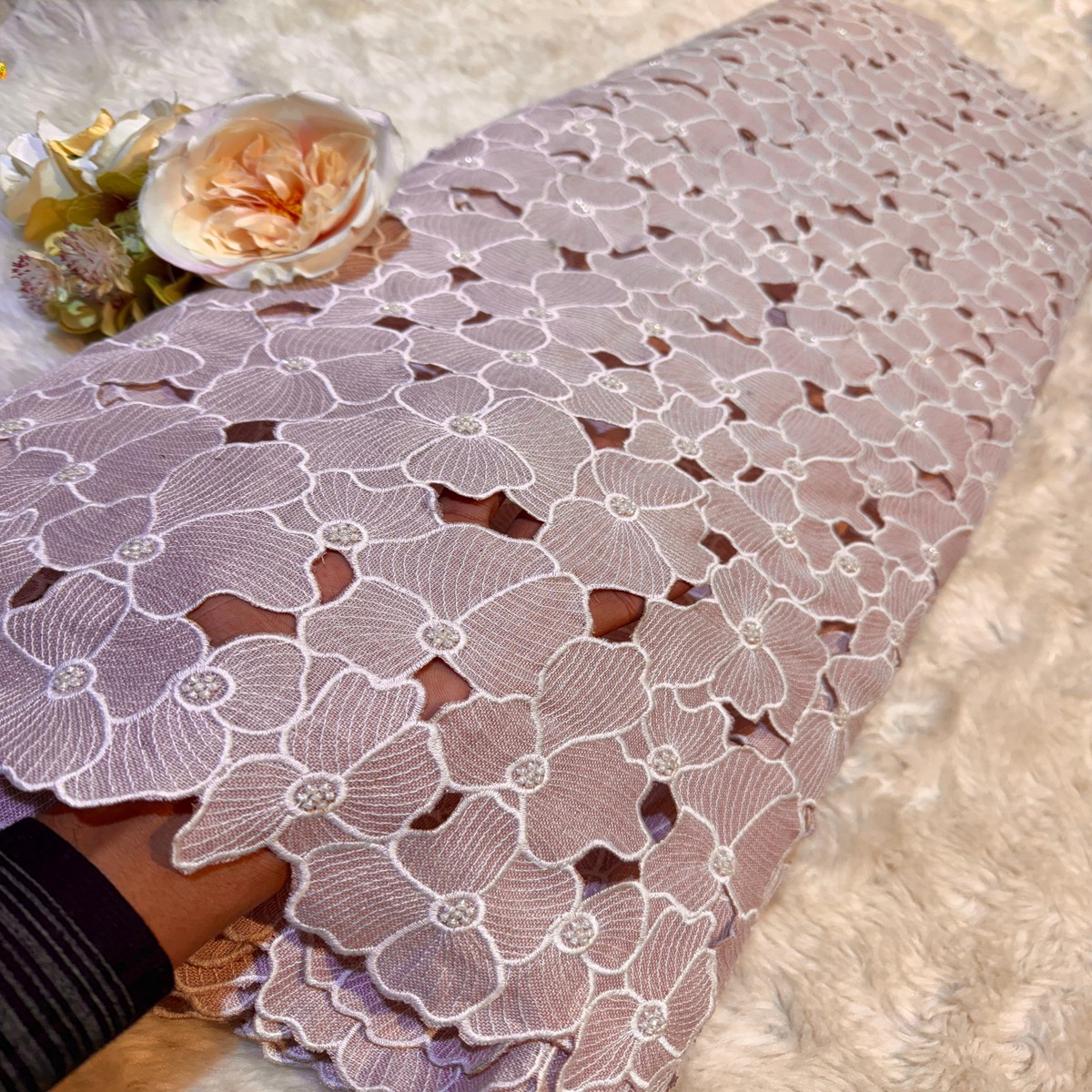 Pink Pure Linen Floral Cutwork with Handwork 42 inch width