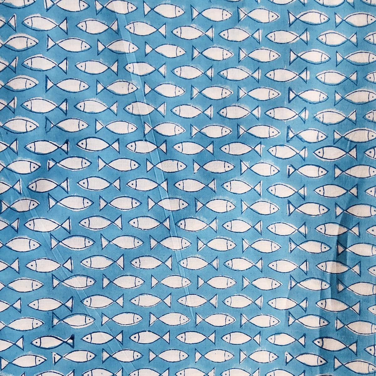 Pure Cotton Jaipuri Blue With White Fish Motif Hand Block Print Fabric