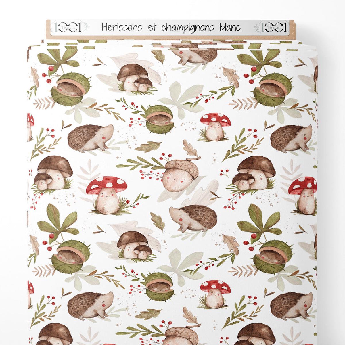 Tissu - Hrissons et champignons blanc