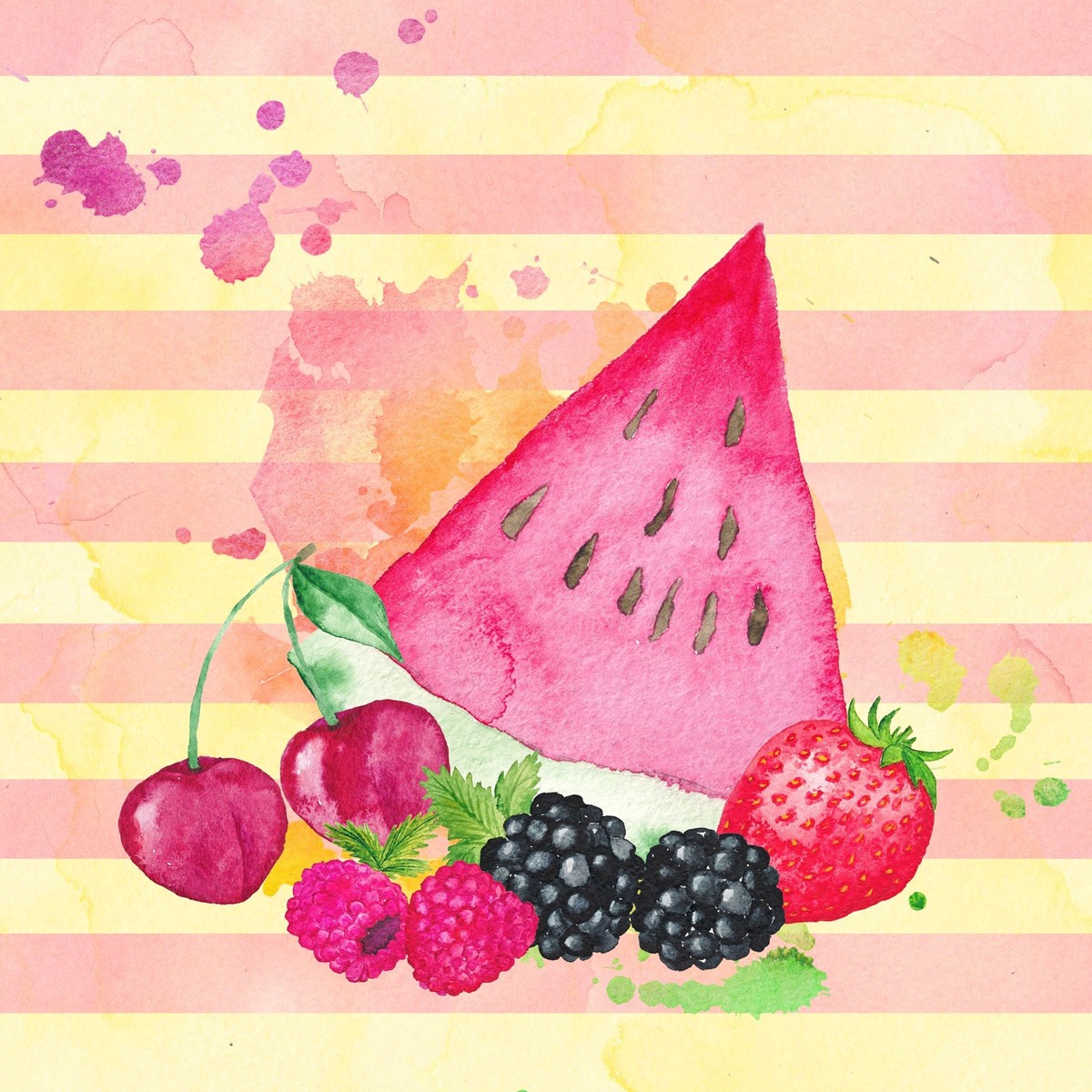 Watercolor Fruits on Pink Yellow Stripes Fabric