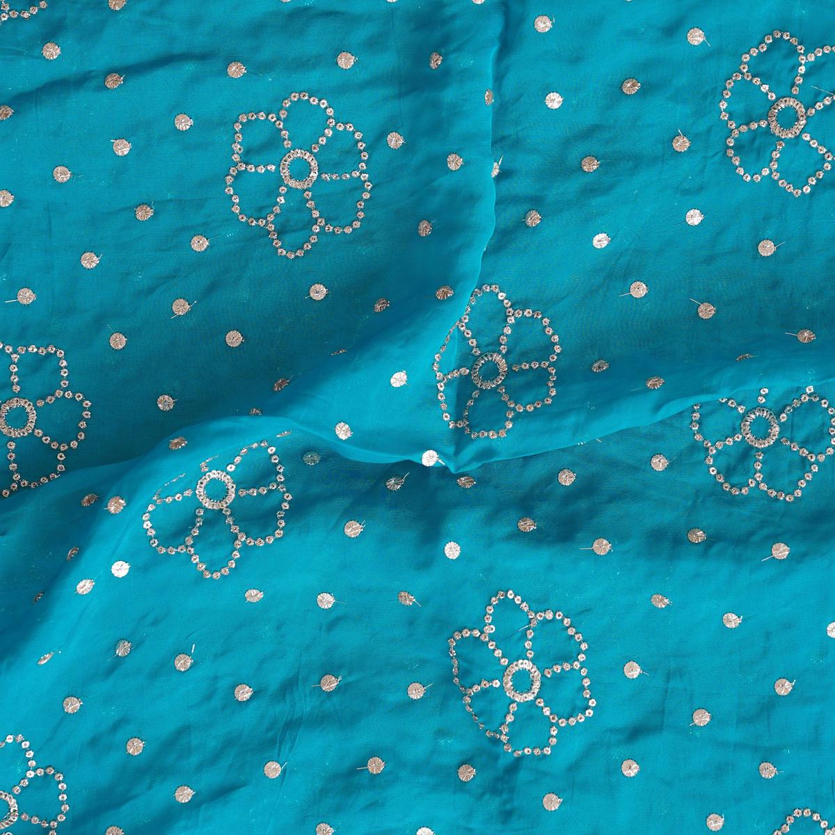 Blue Silk Organza Mukaish Work Fabric
