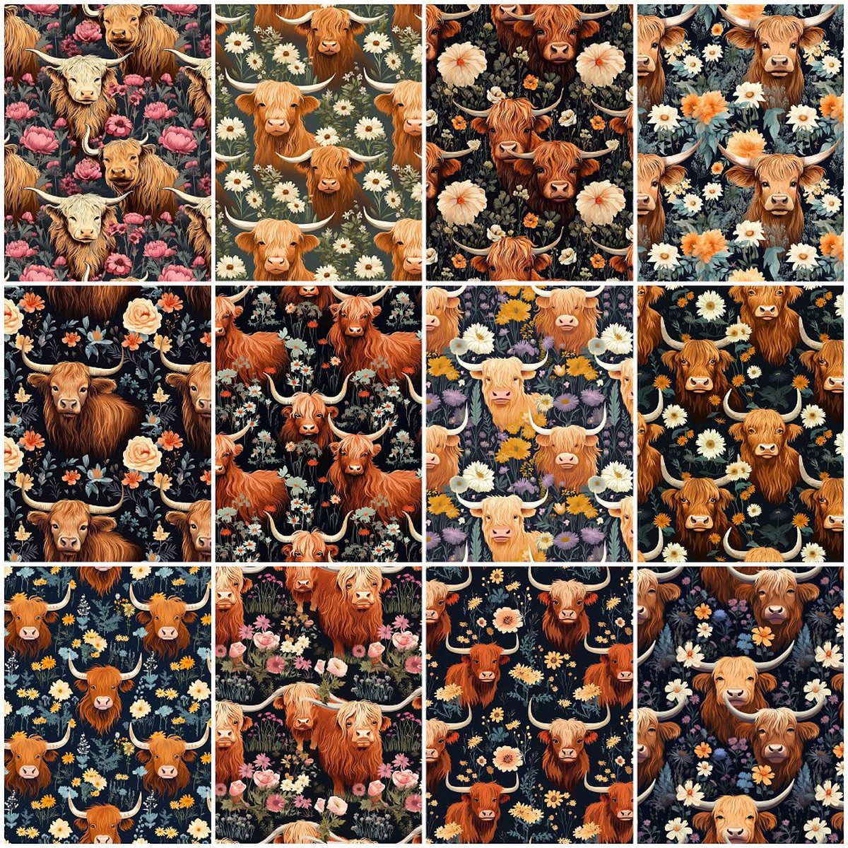 Floral Highland Cows Fabric Collection - 12 Yard Bundle