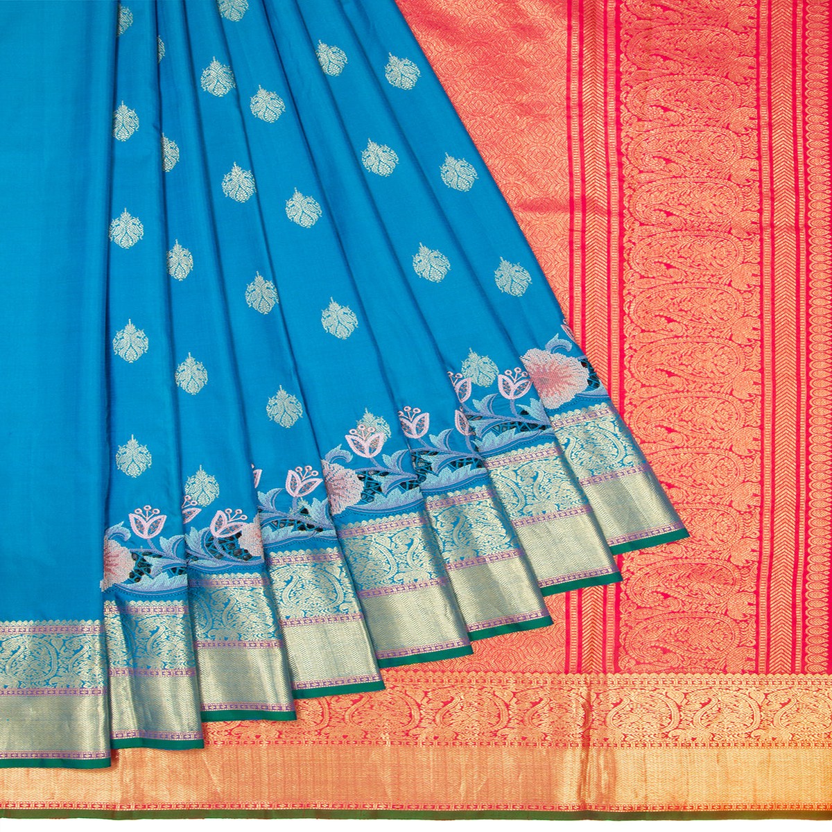Kanchipuram Silk Butta Blue Saree With Cut Work