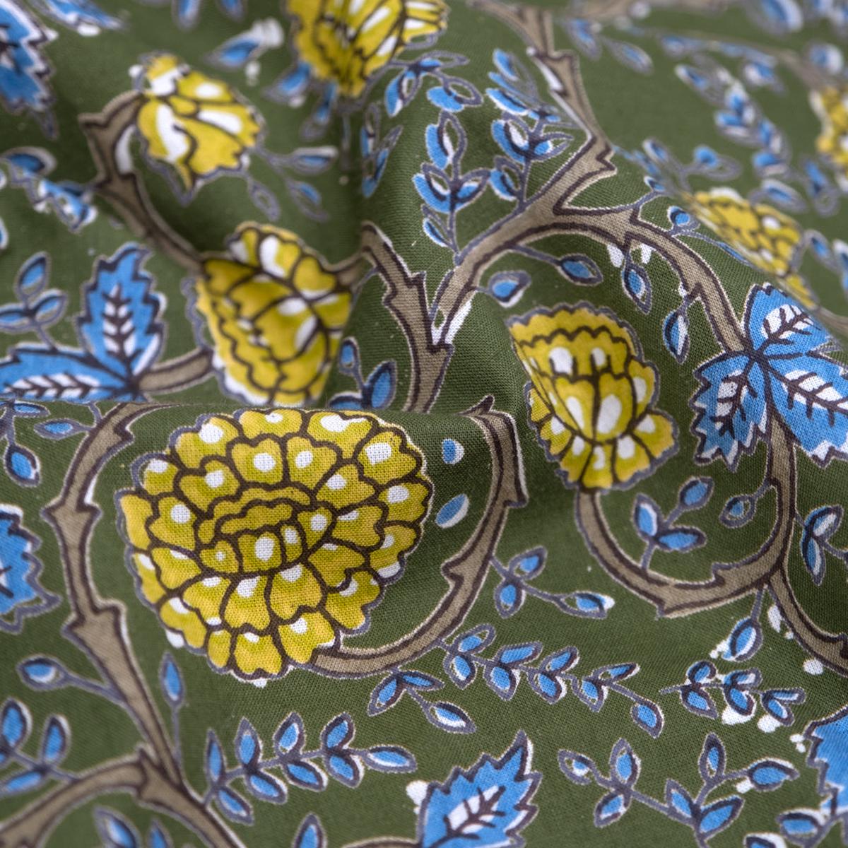 Tapestry Block Printed Organic Cotton Batiste - Chive/Pond/Wheat