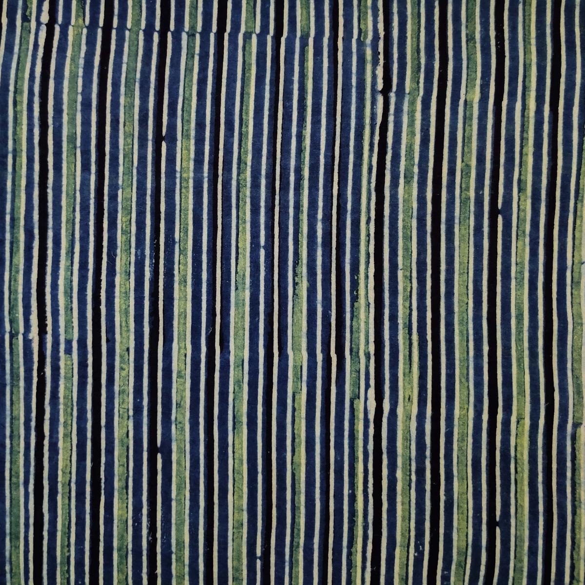 Pure Cotton Ajrak With Persian Blue Green And Black Stripes Hand Block Print Fabric