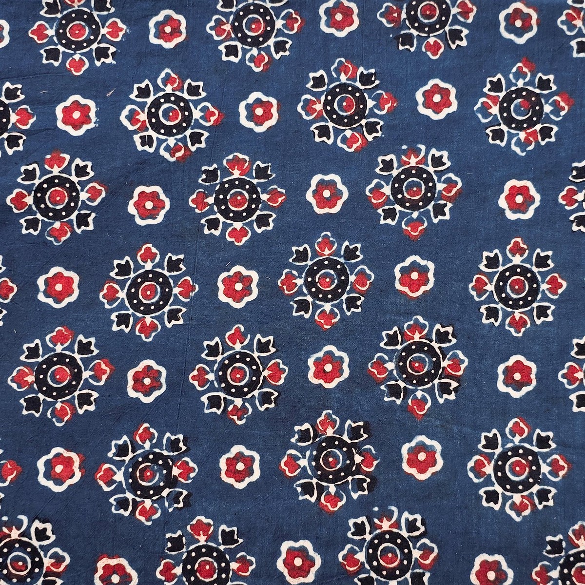 Pure Cotton Ajrak Blue With Rust Red And Black Flower Motif Hand Block Print Fabric