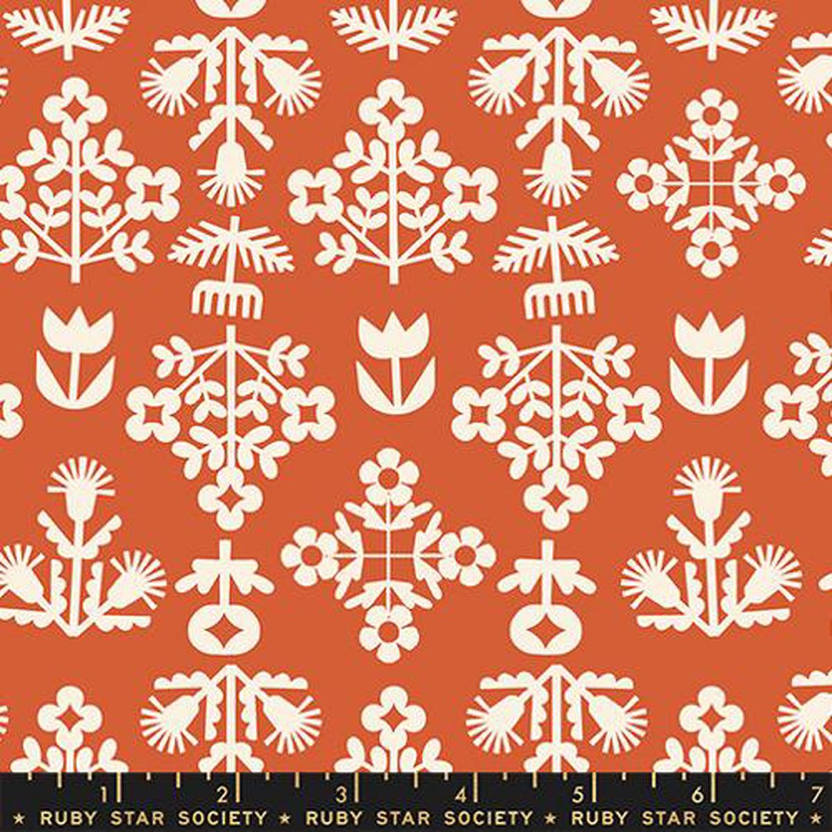 Paper Cuts 2 Persimmon Orange Fresh Cut Flowers Florals Folk Cotton 43"/44" Fabric Per Yard