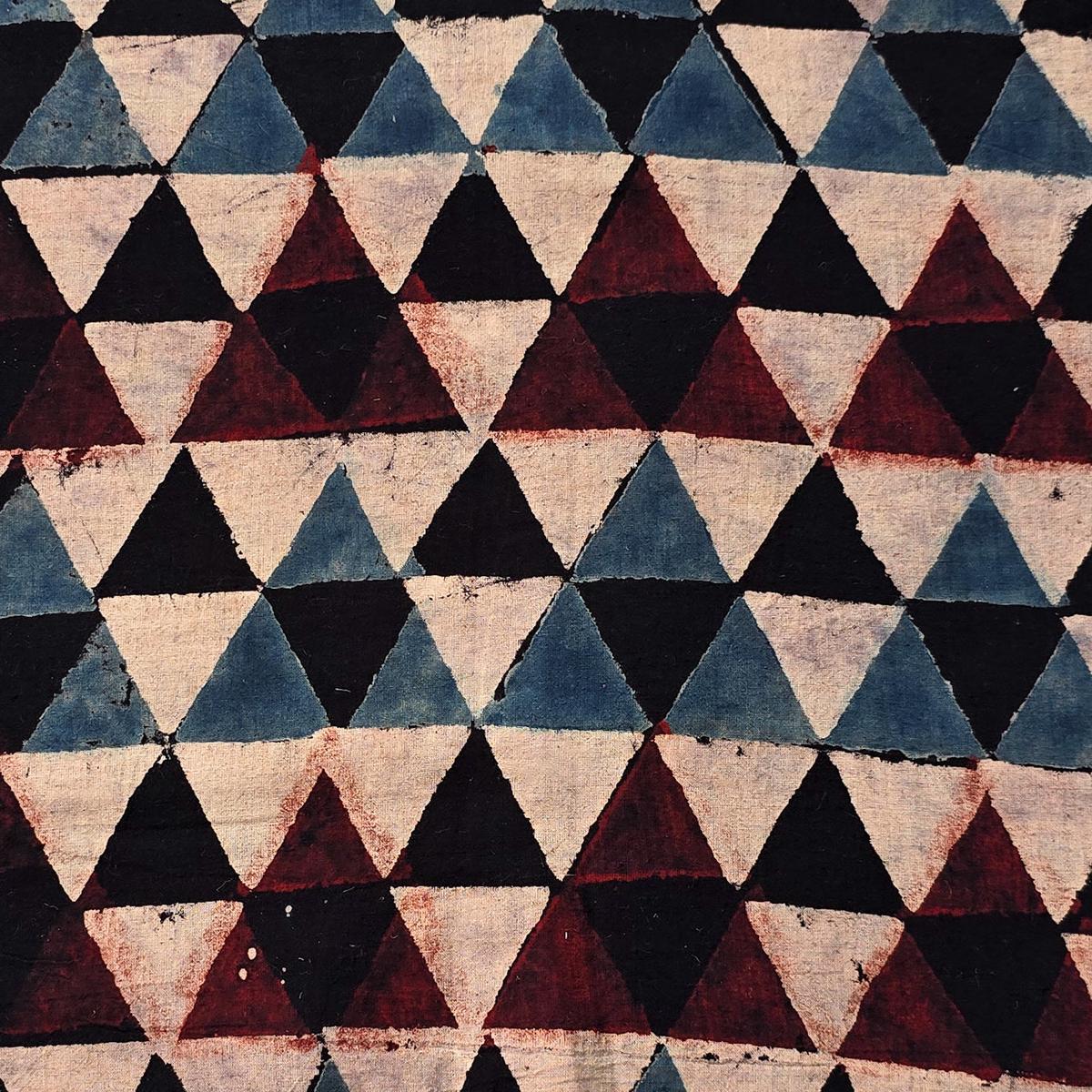 Pure Cotton Ajrak Black With Maroon And Rust Blue Triangle Hand Block Print Fabric