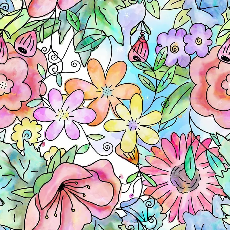 Watercolor Doodle Bouquet #12 Fabric