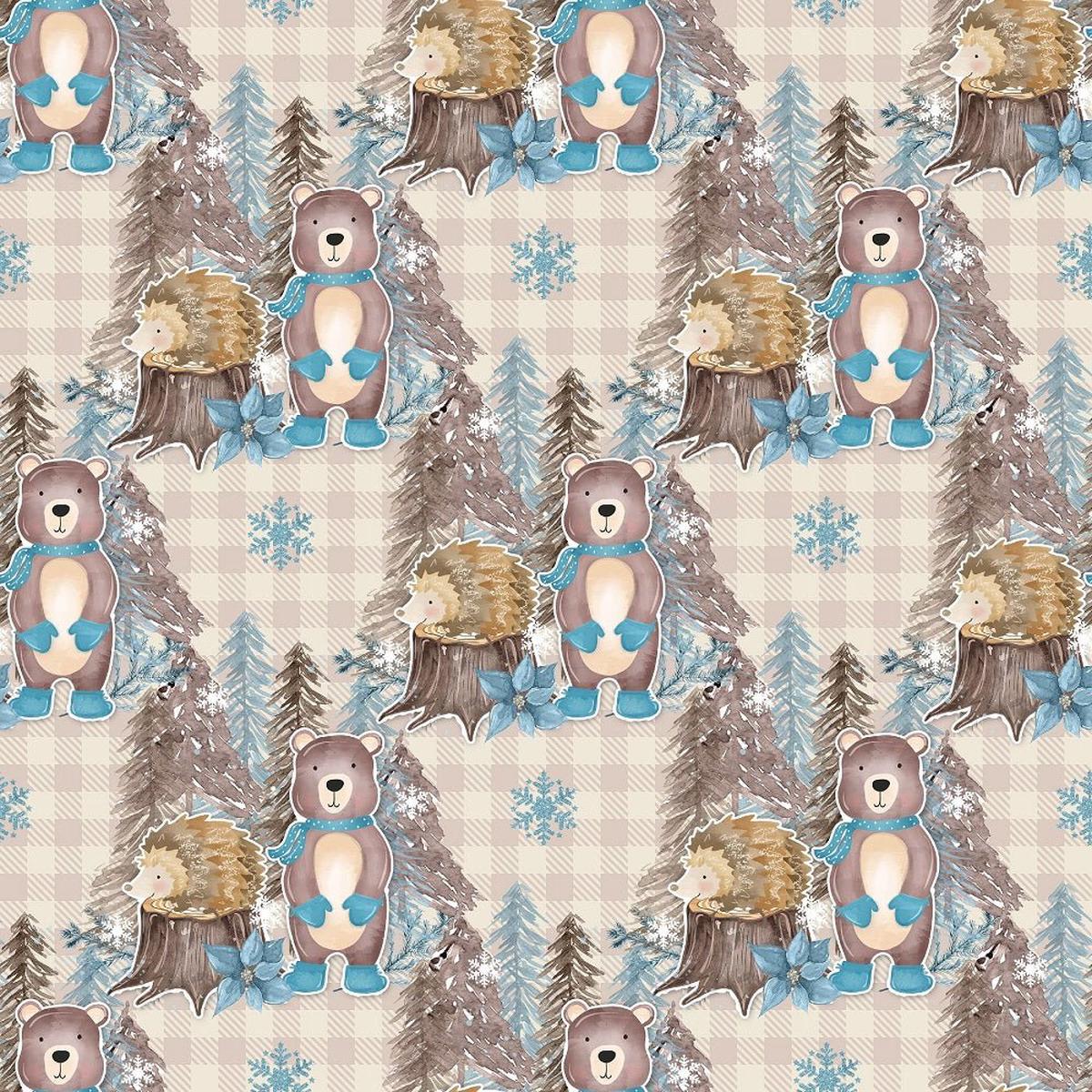 Winter Animals on Plaid Fabric - Tan