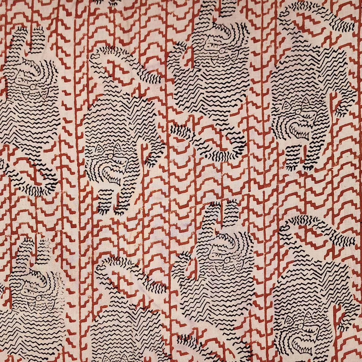 Pure Cotton Bagru Cream With Rust Red And Black Tiger Hand Block Print Fabric