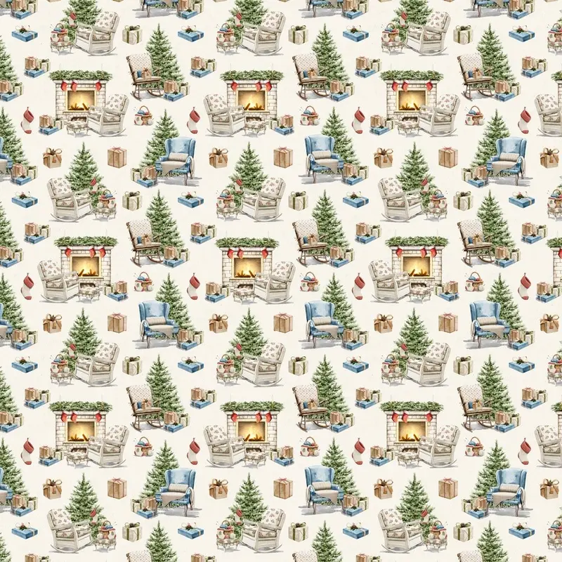 Christmas Fireplace Fabric - Beige