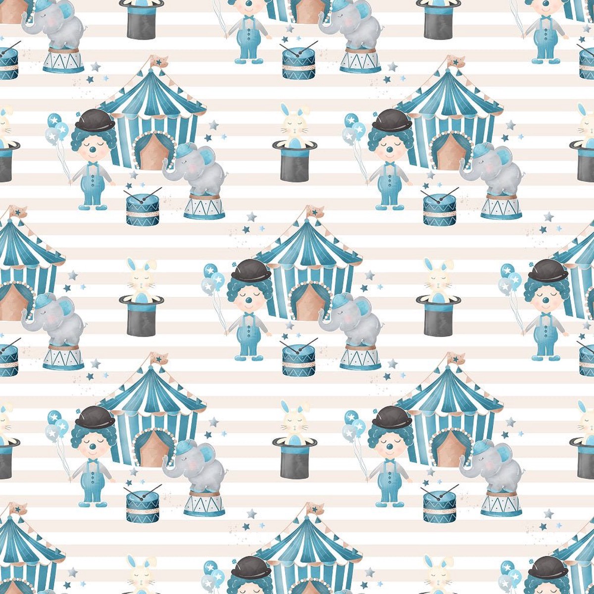 Watercolor Circus Scene 1 Stripe Fabric - White