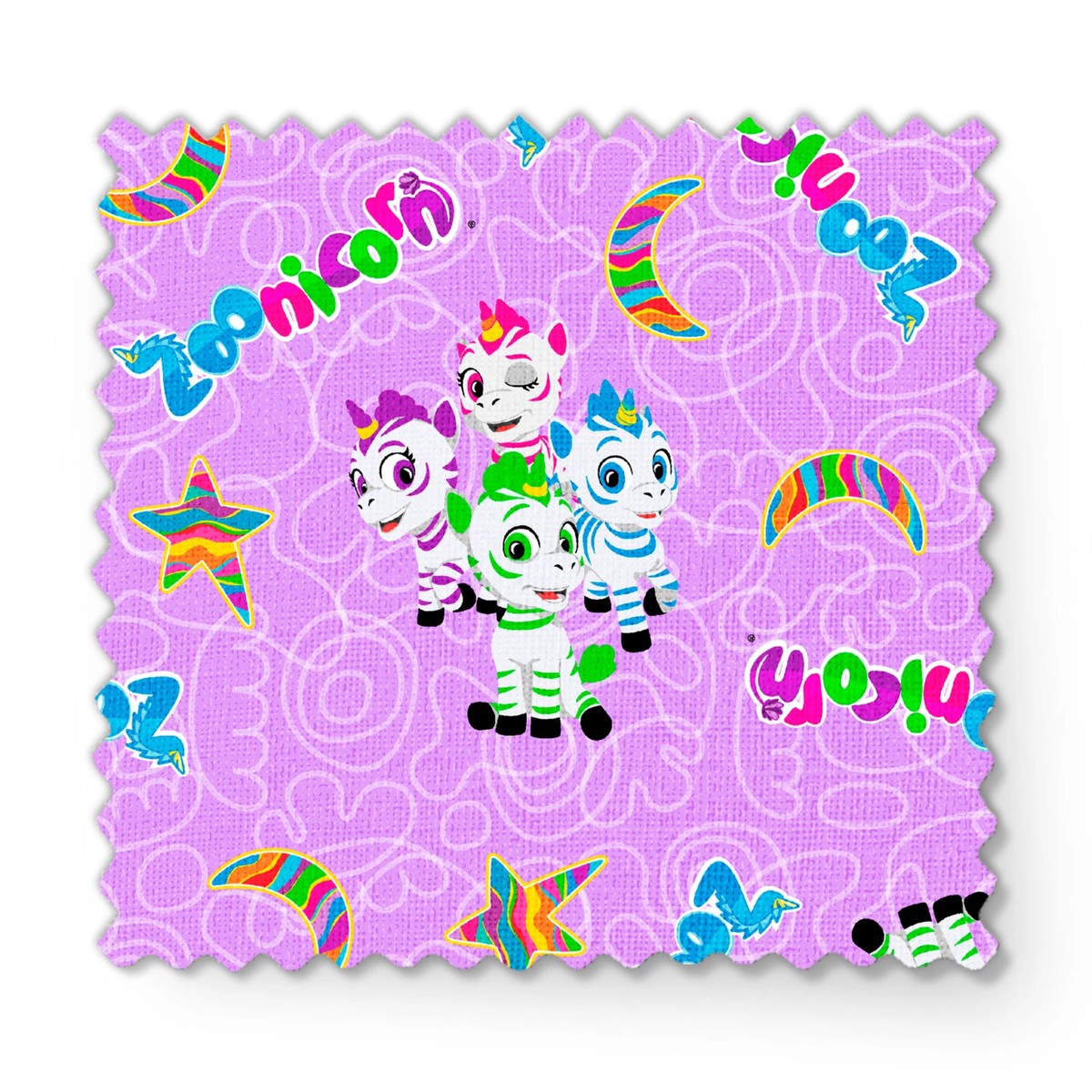 Zoonicorn Squiggle Group Characters on Lavender Fabric