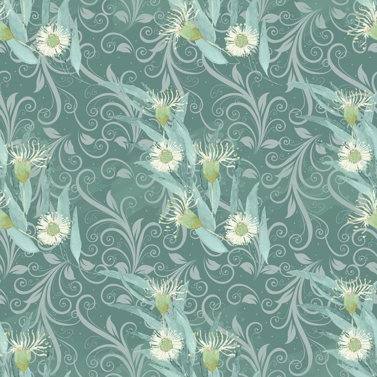 Fields of Eucalyptus Blooming Fabric - Dark Green