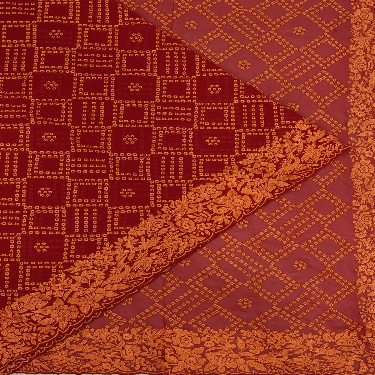 Georgette Embroidery Maroon Saree With Scallop Border