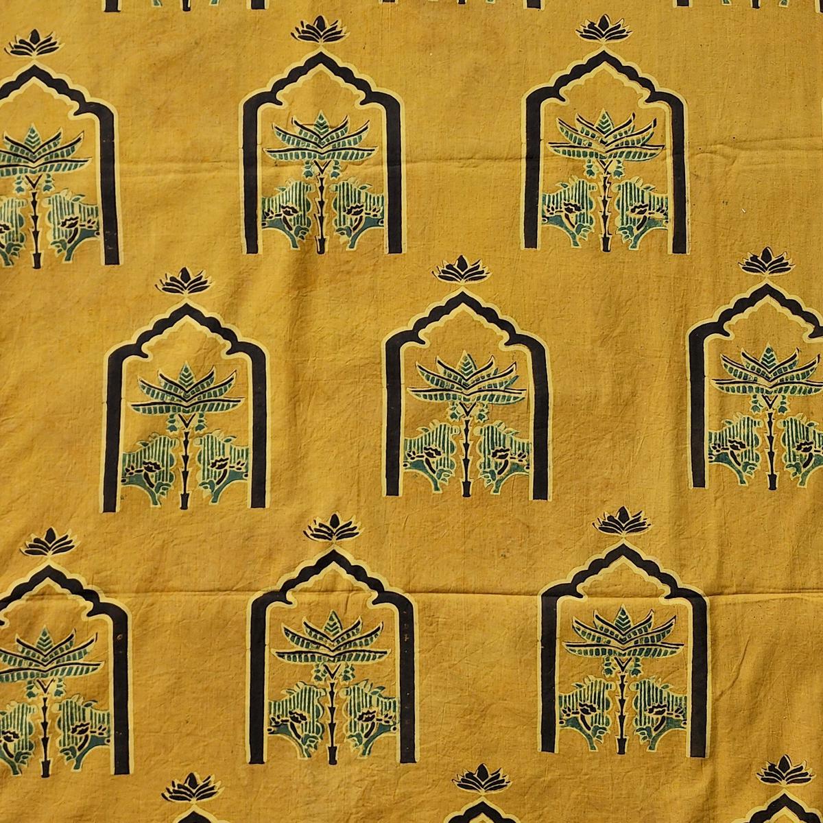 Pure Cotton Gad Ajrak Turmeric Yellow With Green Big Window Motif Hand Block Print Fabric