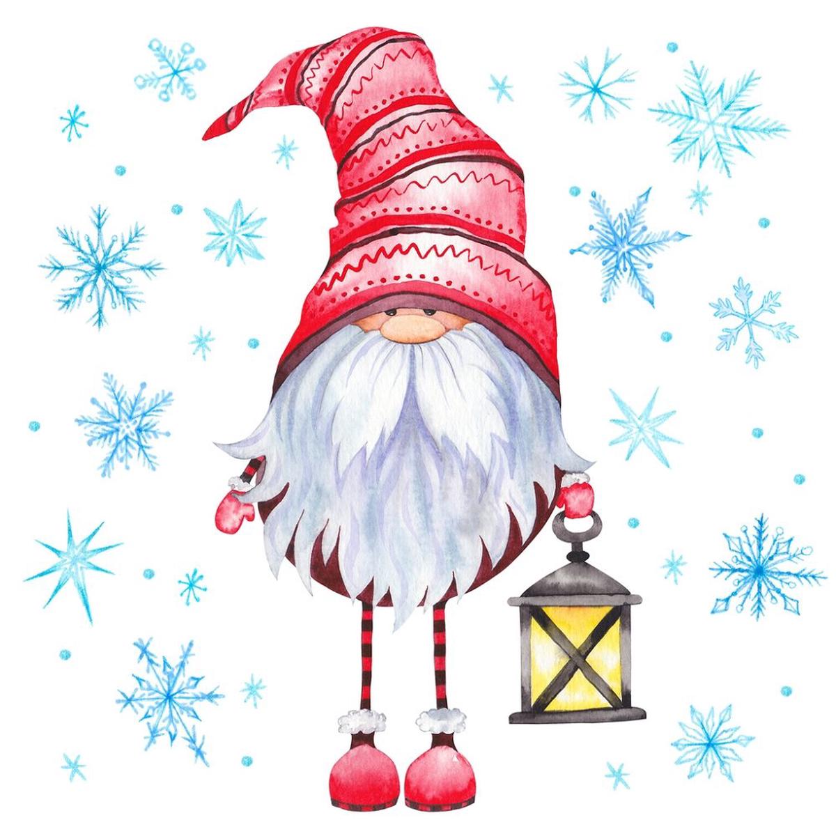 Tall Forest Gnome Snowflakes Fabric Panel - White