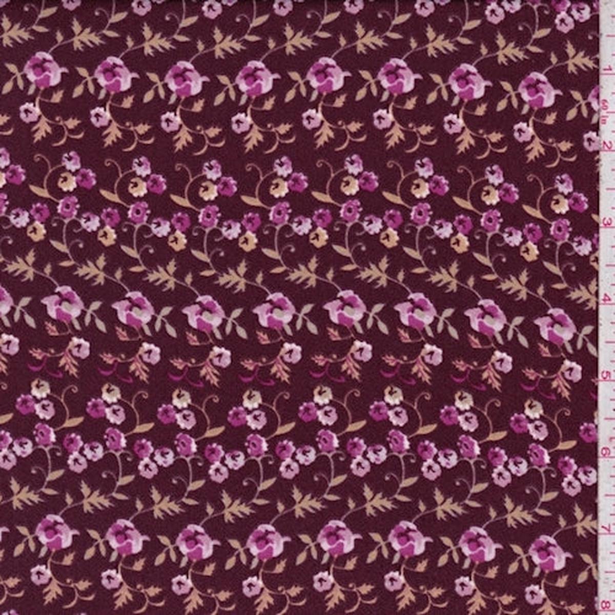 3 1/2 YD PC-Wine/Fuchsia/Tan Floral Vine Crepe Fabric