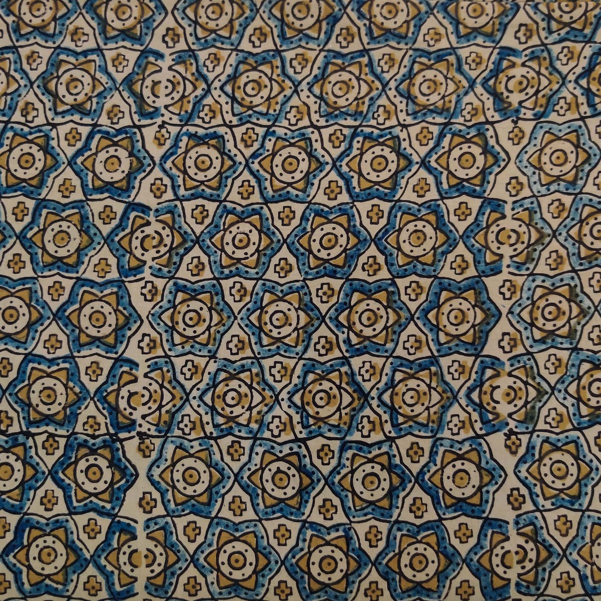 Pure Cotton Ajrak Cream With Blue Stars Hand Block Print Fabric