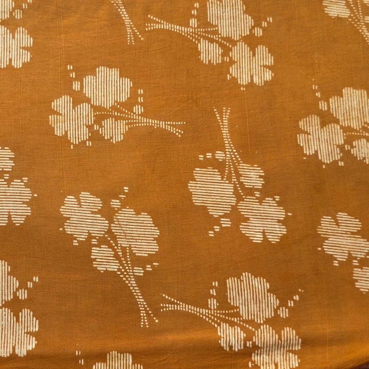 Pure Cotton Dabu mustard orange With White Plant Motif Hand Block Print Fabric