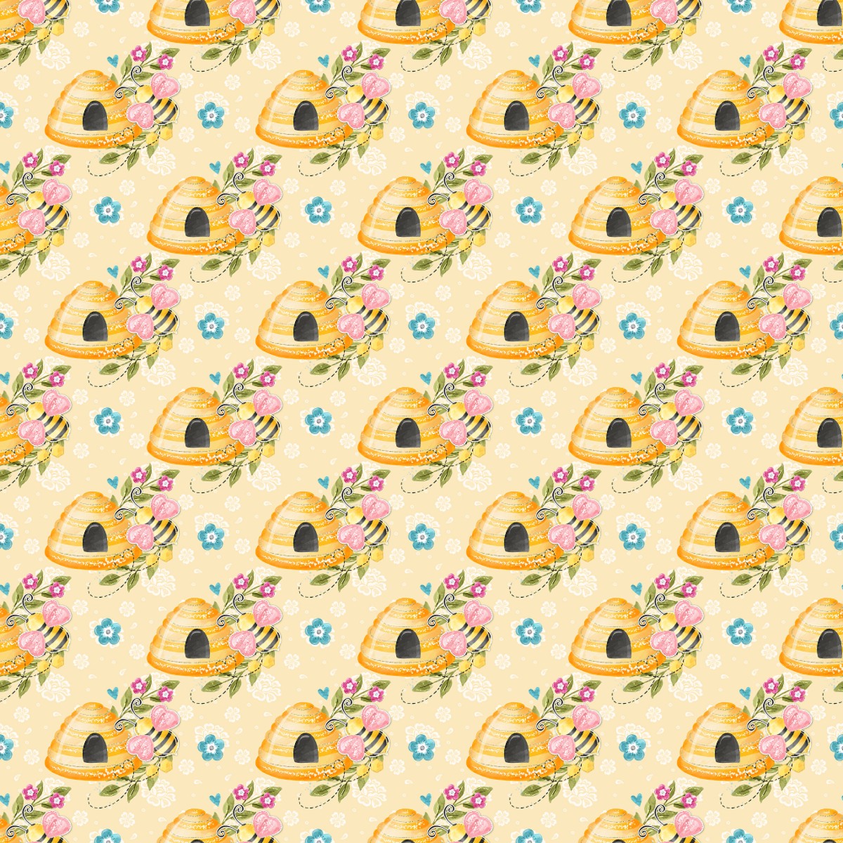 Honey Bee Hives On Flowers Fabric - Yellow