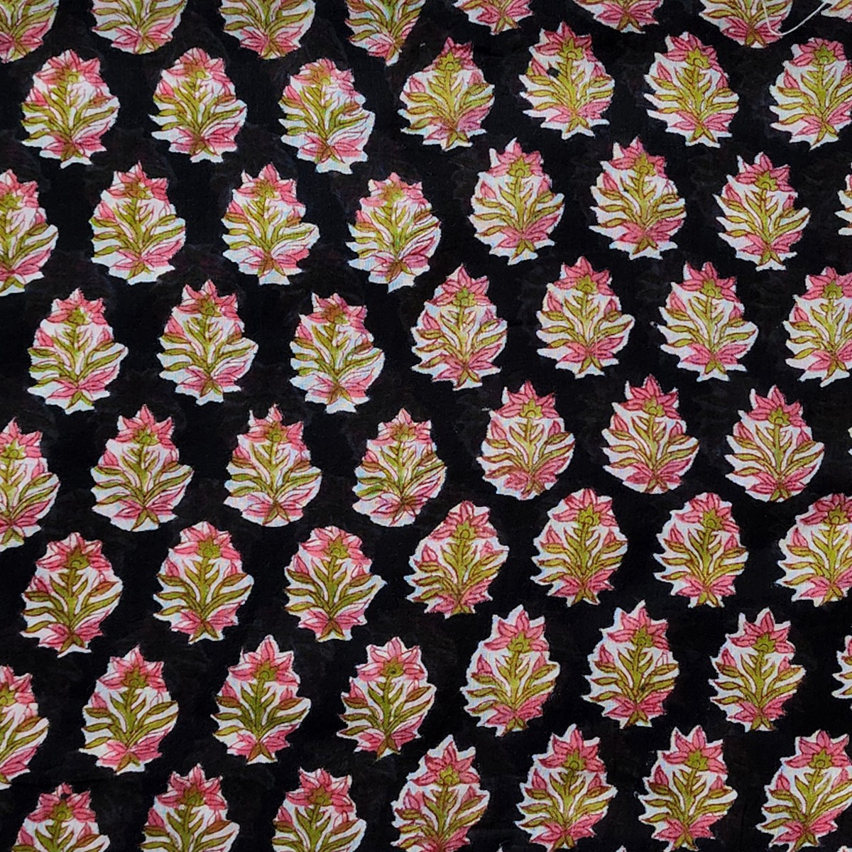 Pure Mul Cotton Jaipuri Black With Pink Flower Motif Hand Block Print Fabric