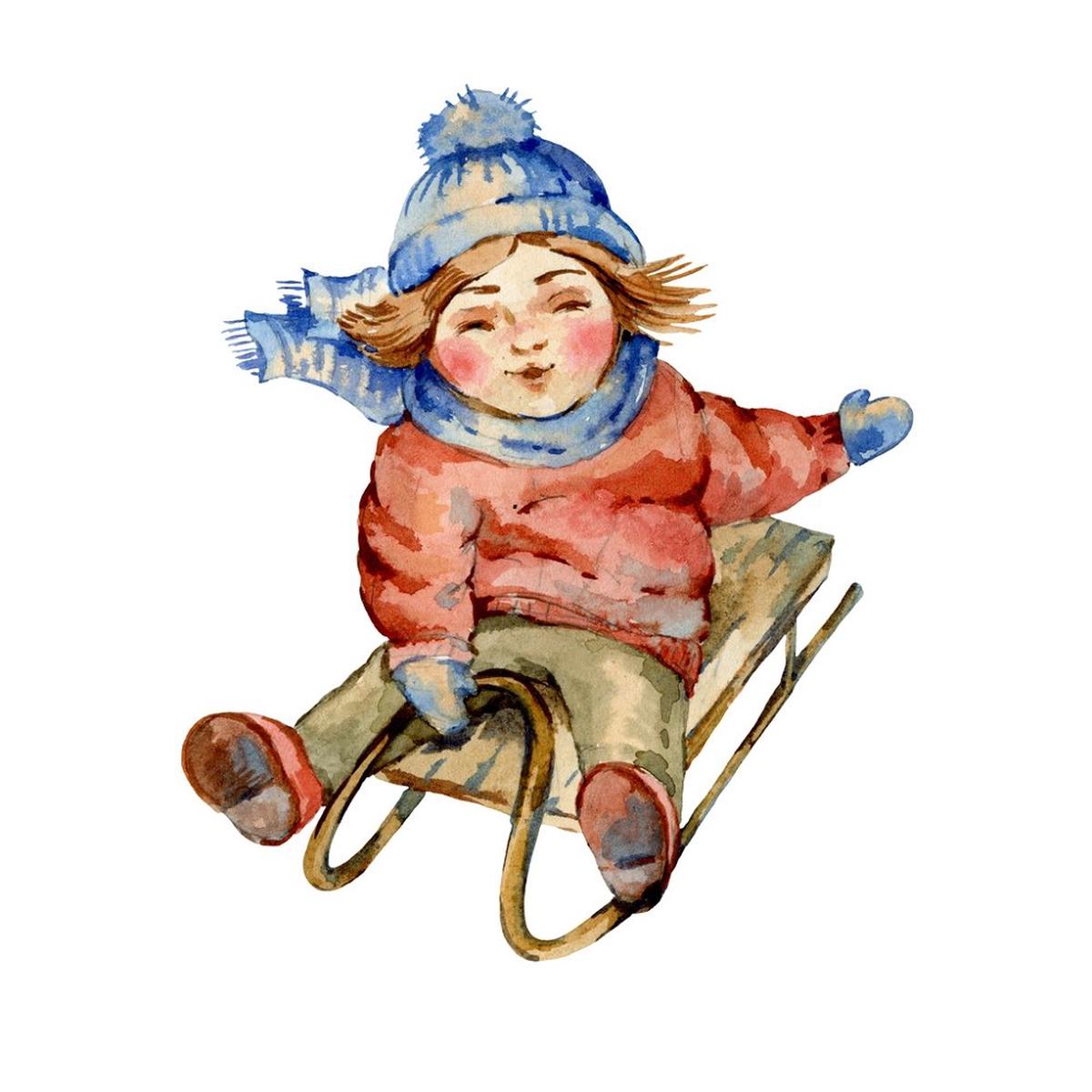 Village Kid Sledding Fabric Panel