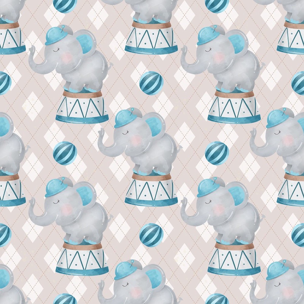 Watercolor Circus Elephant Checkered Fabric - Gray