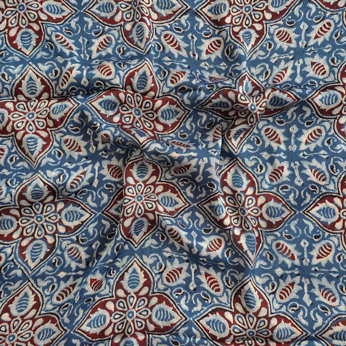 Modal Silk Blue With Maroon Flower Jaal Fabric