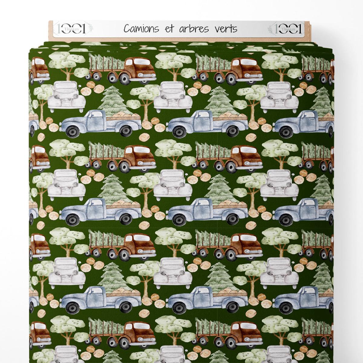 Tissu - Camions et arbres verts