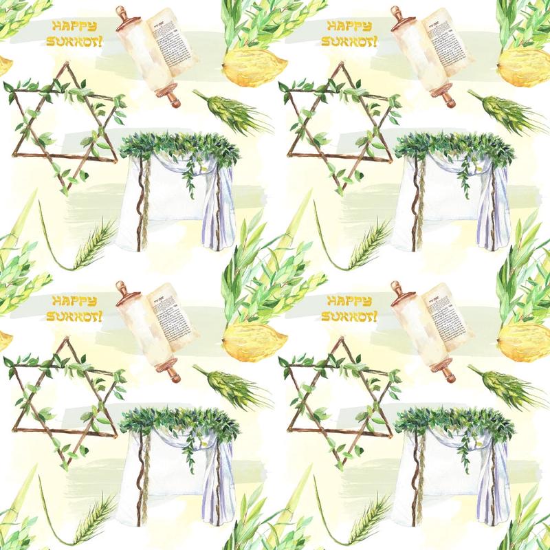 Watercolor Happy Sukkot Pattern 4 Quilting Cotton Fabric