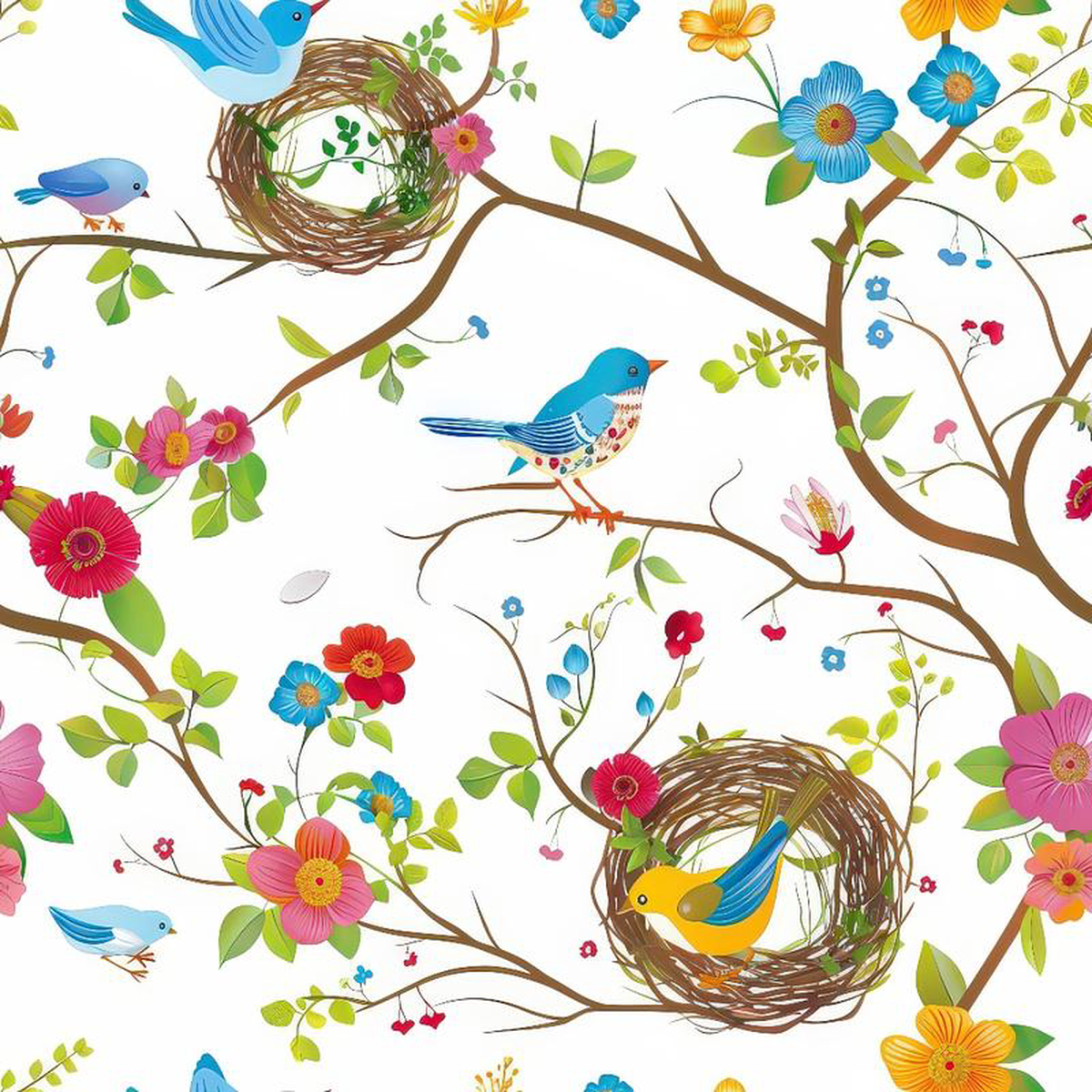 Birds Nest and Flowers Pattern 11 Quilting Cotton Fabric