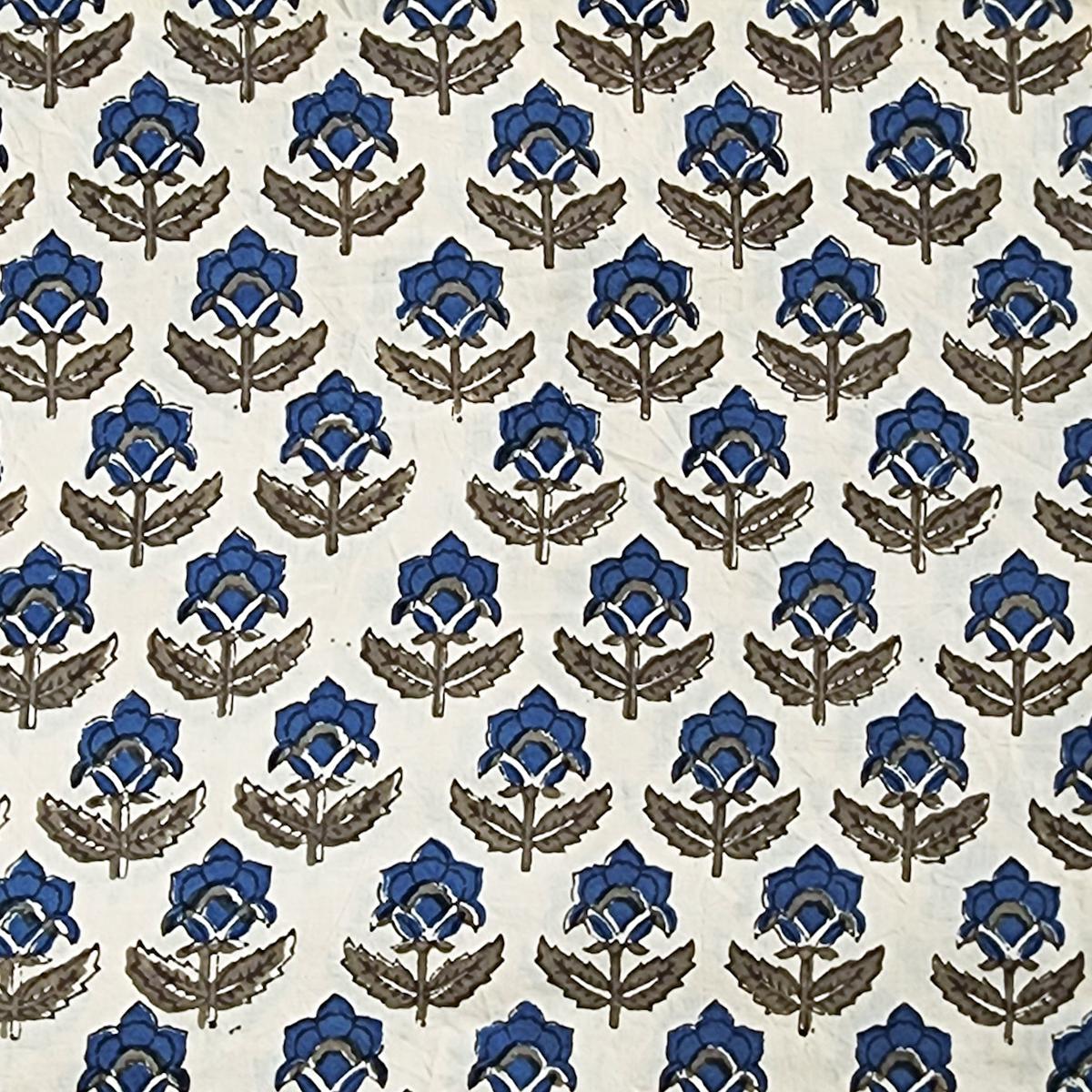 Pure Cotton Double Ajrak Cream With Blue And Rust Red Flower Motif Hand Block Print Fabric