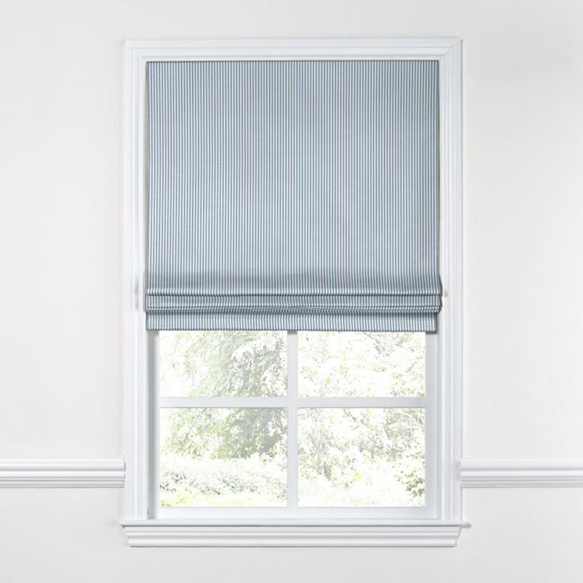 Flat Roman Shade in Little White Line - Blueberry