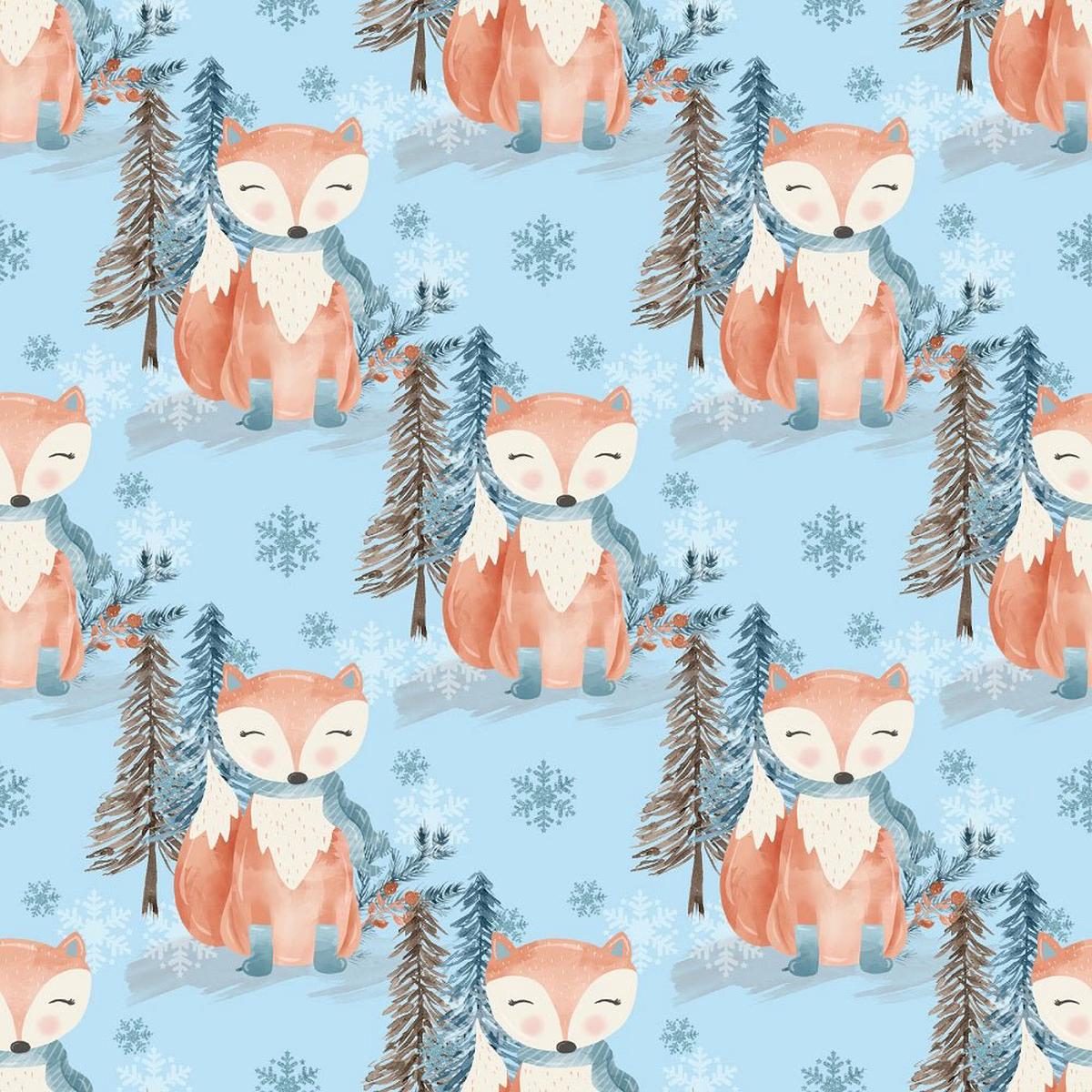 Winter Fox with Snowflakes Fabric - Blue