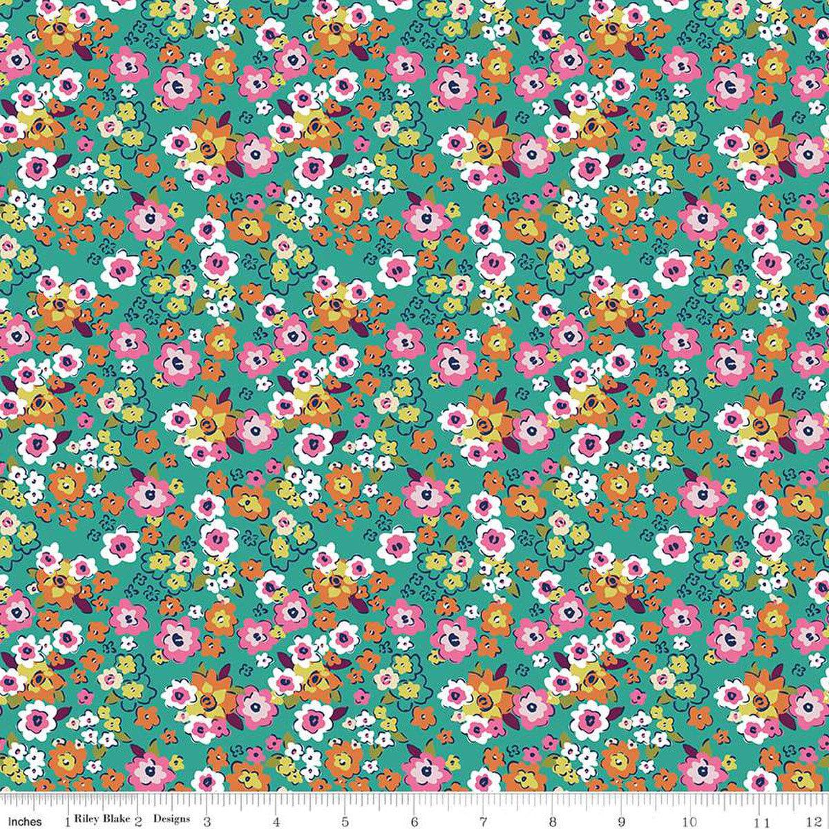 SALE Flower Farm Potted Flowers C13984 Teal - Riley Blake Designs - Floral Blossoms - Quilting Cotton Fabric