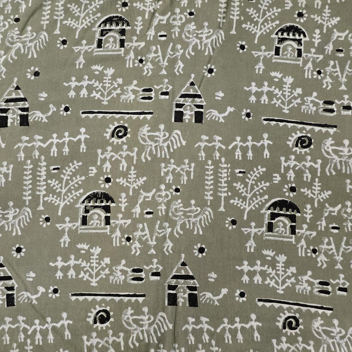 Pure Cotton Dabu Grey With Black Warli Hand Block Print Fabric
