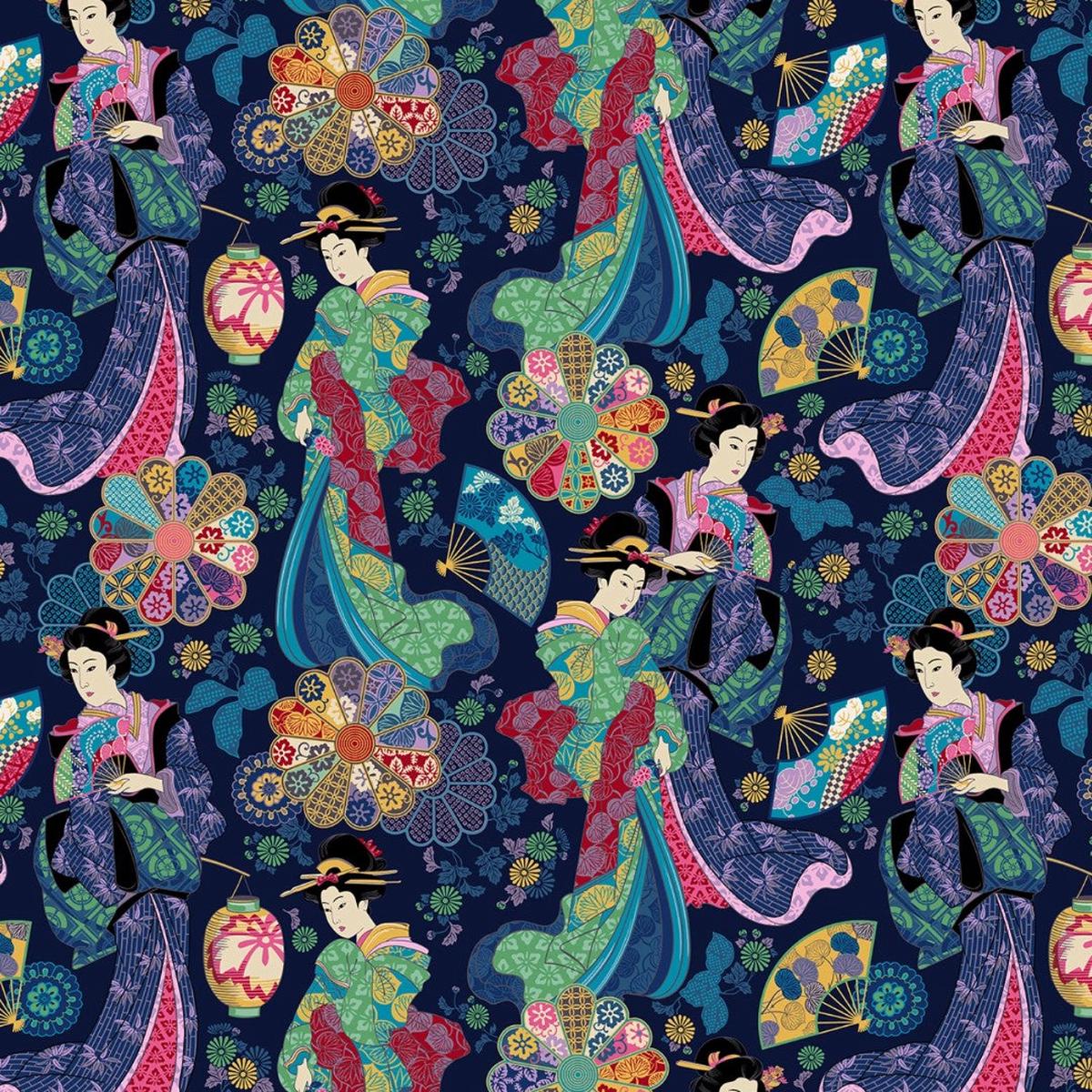 Michael Miller - Kamakura Sisters - Navy Floating Worlds