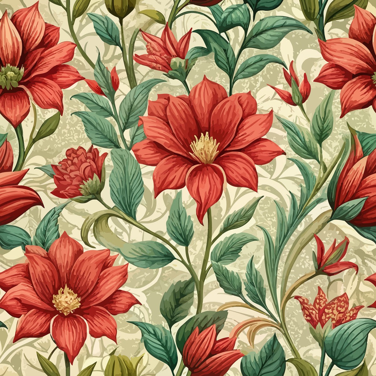 Art Nouveau Scarlet Sages Pattern 2 Quilting Cotton Fabric