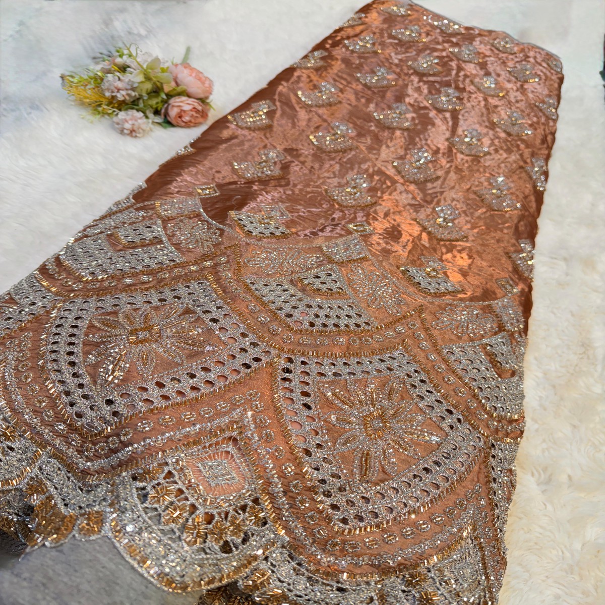 Copper Brown Satin Organza Handwork Embroidery With Cutdana Work And Scalloped Daman 50 inch width