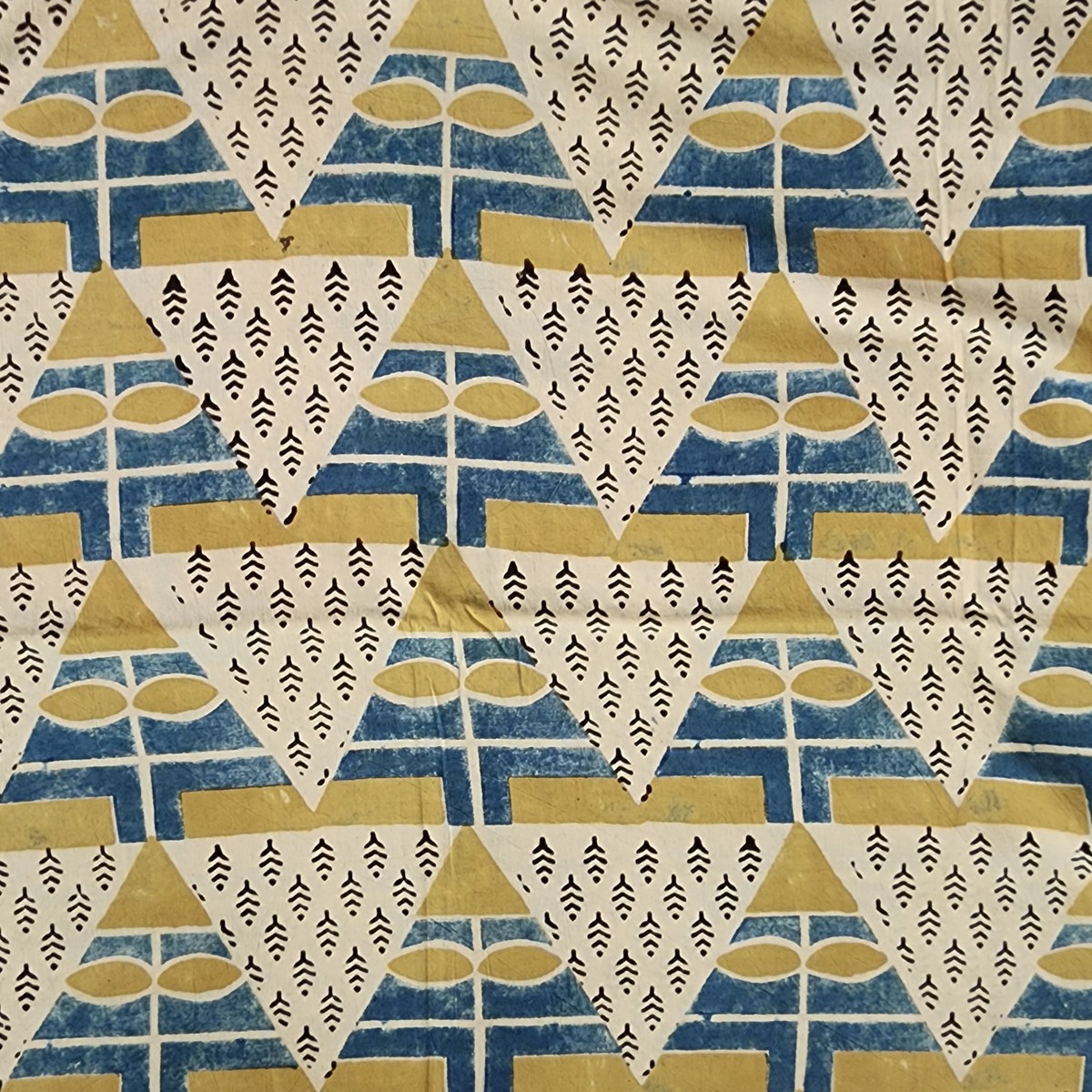 Pure Cotton Ajrak Cream With Mustard Blue Big Triangle Red Hand Block Print Fabric