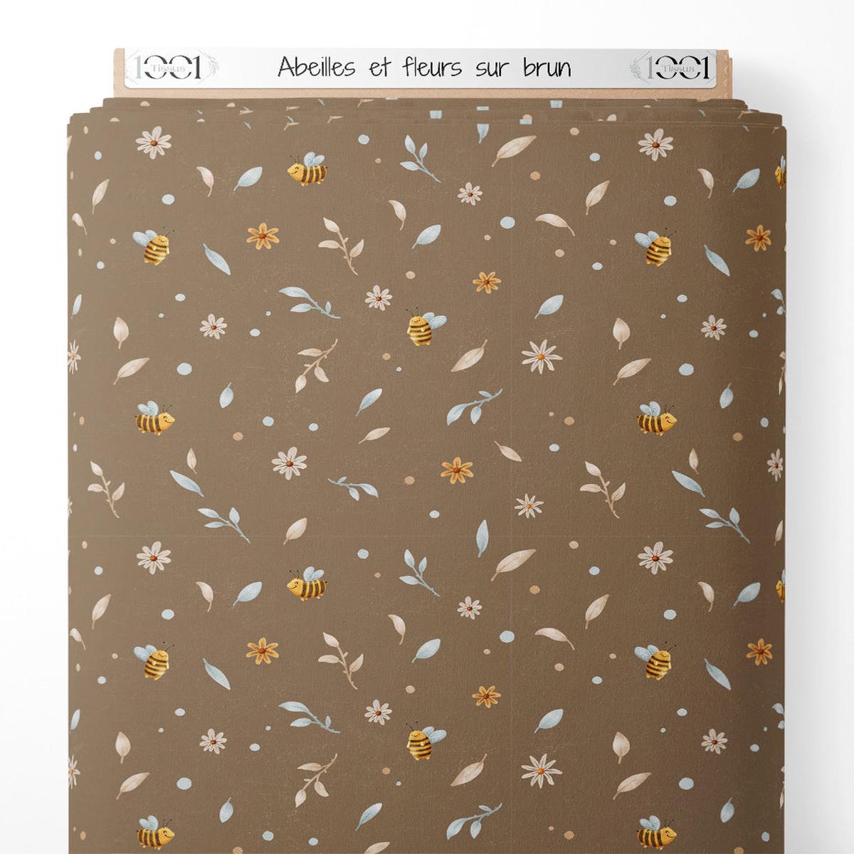 Tissu - Abeilles et fleurs sur brun
