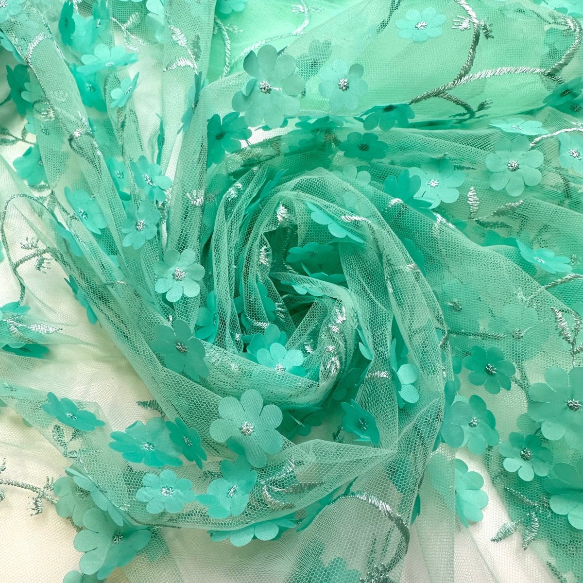 The Vow - Embroidered Tulle Polyester Blend Knit - Light Teal Floral - Bundles