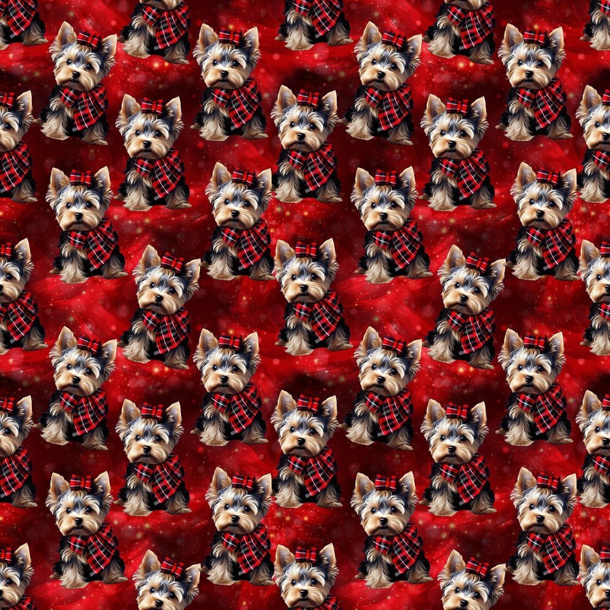 Yorkies On Red Plaid Fabric