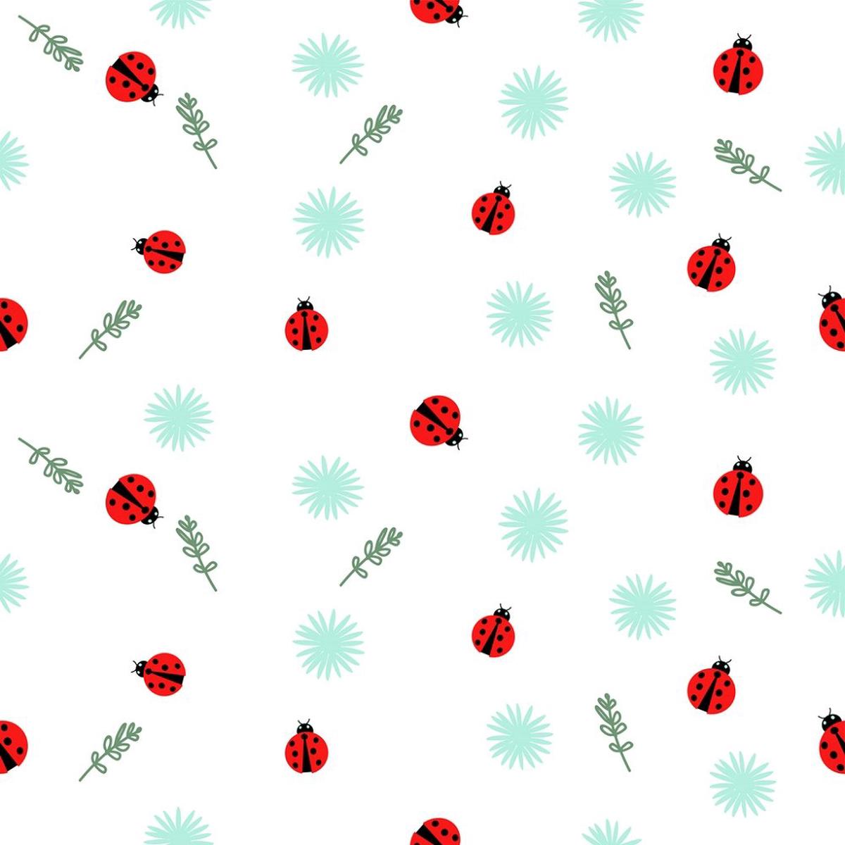 Flowers And Ladybug Fabric - White