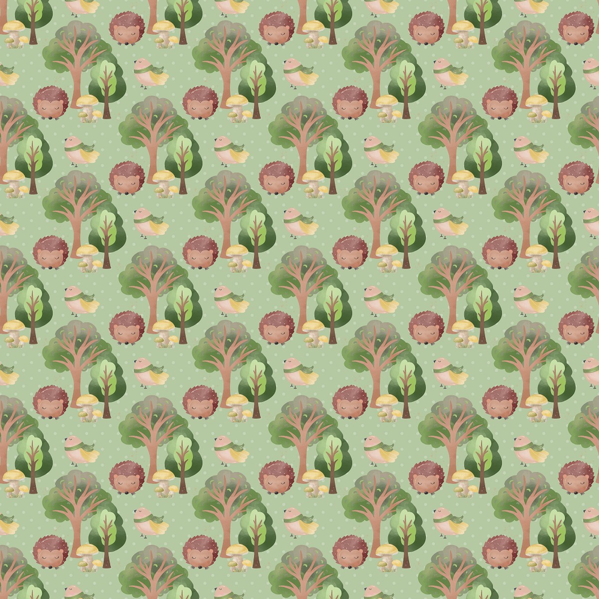 Hedgehogs In The Forest Fabric - Green